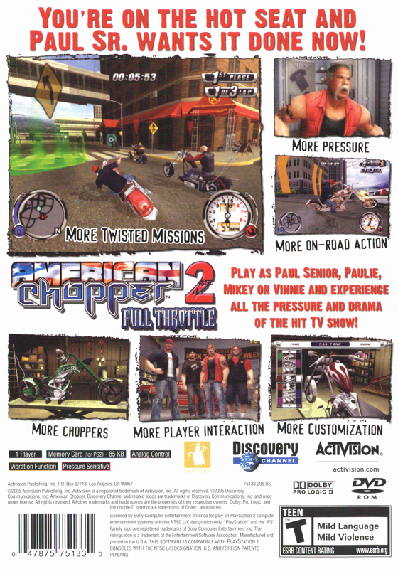 
American Chopper 2: Full Throttle | PlayStation 2 | back cover | Region: North America | source-country=United States | Data by MobyGames.com