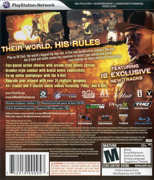 50 Cent: Blood on the Sand | PlayStation 3 | back cover | region=North America | source-country=Canada,Mexico,United States | zypher-v2 | moby-68b3d7bd92ba | Data by MobyGames.com