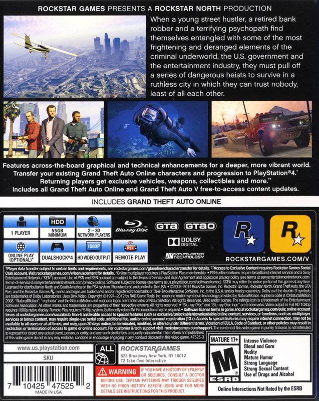 
Grand Theft Auto V | PlayStation 4 | back cover | Data by MobyGames.com