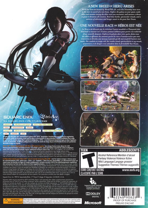 Star Ocean: The Last Hope | Xbox 360 | back cover | region=North America | source-country=Canada | zypher-v2 | moby-79e3390cc499 | Data by MobyGames.com