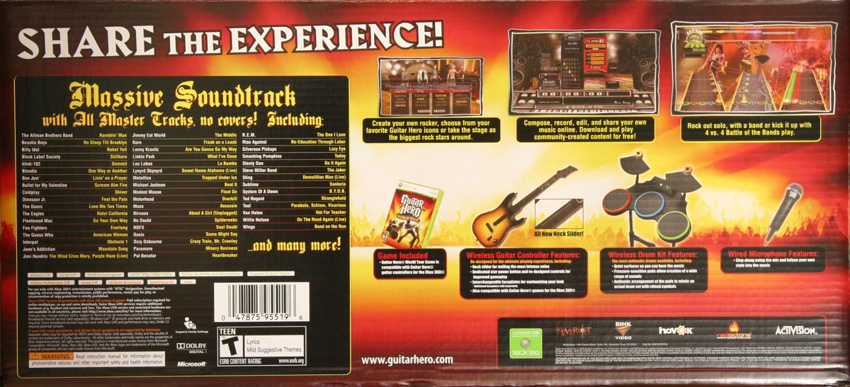 Guitar Hero: World Tour | Xbox 360 | back cover | region=North America | source-country=United States | zypher-v2 | moby-b55324e06f83 | Data by MobyGames.com