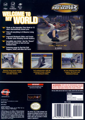Tony Hawk's Pro Skater 3 | GameCube | back cover | region=North America | source-country=United States | zypher-v2 | moby-39dca6d5be52 | Data by MobyGames.com