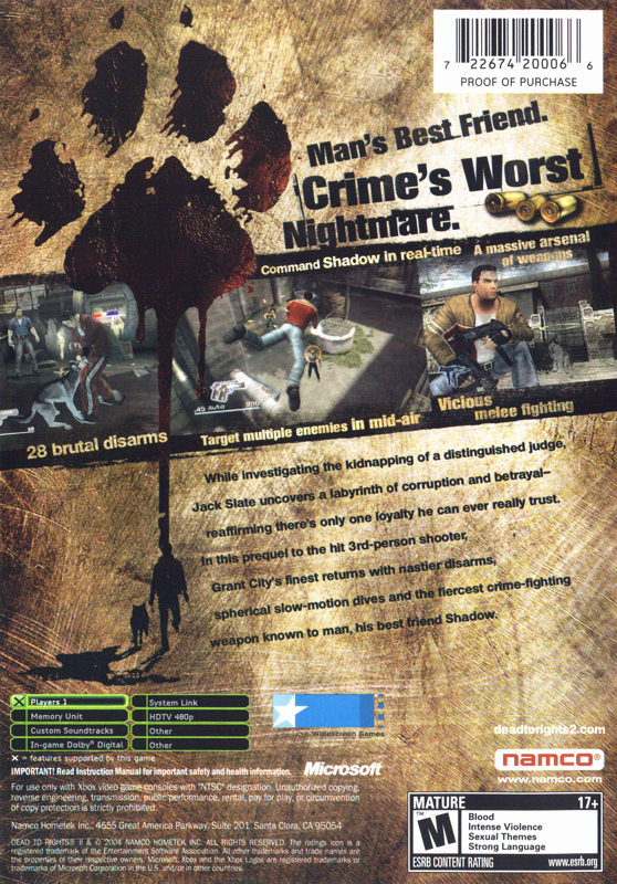 
Dead to Rights II | Xbox | back cover | Region: North America | source-country=United States | Data by MobyGames.com