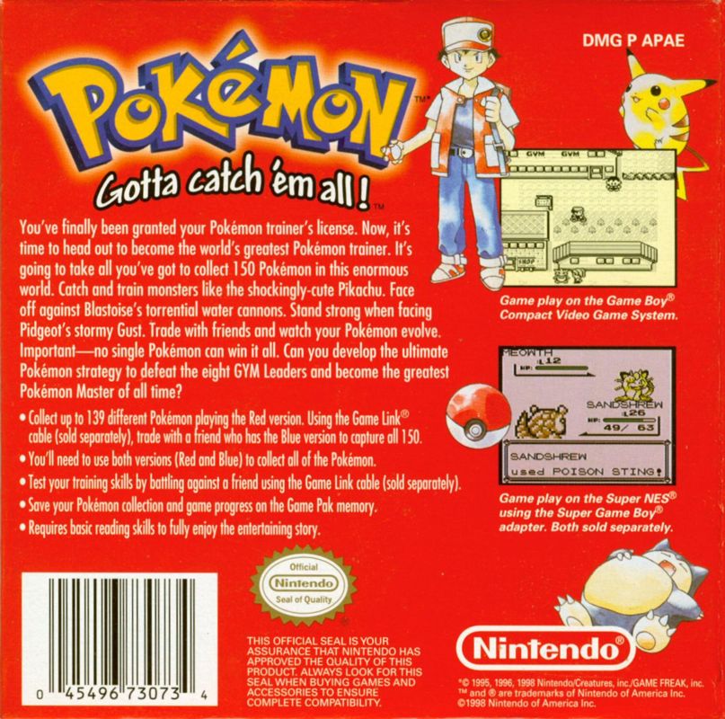 Pokémon Red Version | Game Boy | back cover | region=North America | source-country=United States | zypher-v2 | moby-543edef7bc0b | Data by MobyGames.com