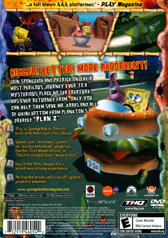 The SpongeBob SquarePants Movie | PlayStation 2 | back cover | Region: North America | source-country=United States | Data by MobyGames.com
