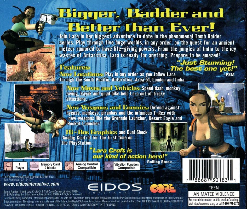 Tomb Raider III: Adventures of Lara Croft | PlayStation | back cover | Region: North America | source-country=Canada,United States | Data by MobyGames.com