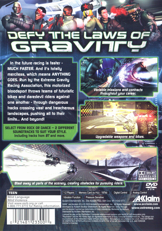 XGRA: Extreme G Racing Association | PlayStation 2 | back cover | Region: North America | source-country=United States | Data by MobyGames.com