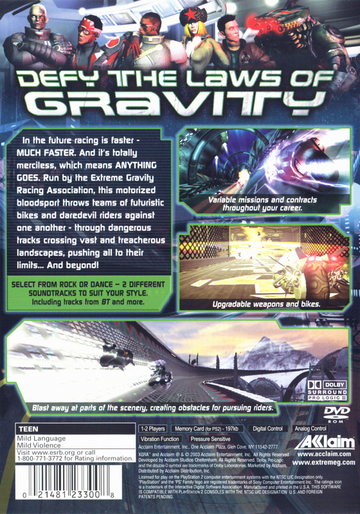 
XGRA: Extreme G Racing Association | PlayStation 2 | back cover | Region: North America | source-country=United States | Data by MobyGames.com
