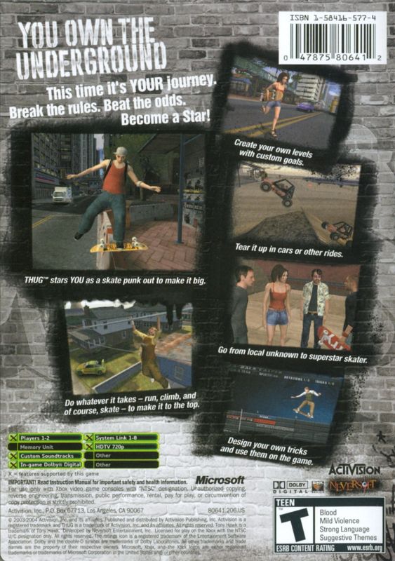 
Tony Hawk's Underground | Xbox | back cover | Data by MobyGames.com
