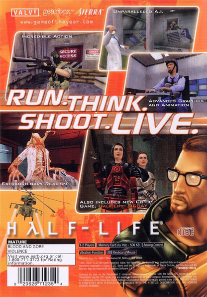 Half-Life | PlayStation 2 | back cover | region=North America | source-country=United States | zypher-v2 | moby-a3522fb14273 | Data by MobyGames.com