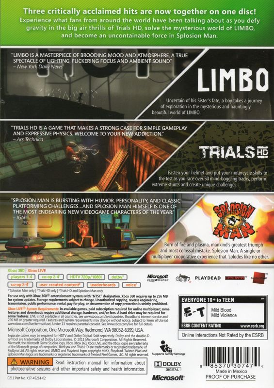 
Triple Pack: Trials HD, Limbo, Splosion Man | Xbox 360 | back cover | Data by MobyGames.com
