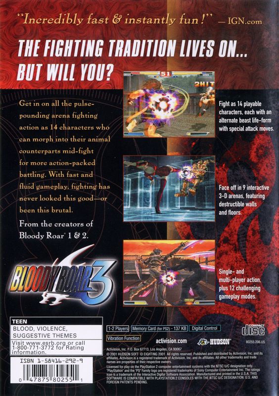 Bloody Roar 3 | PlayStation 2 | back cover | Region: North America | source-country=Canada,United States | Data by MobyGames.com