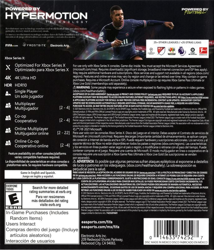 
FIFA 22 | Xbox Series | back cover | Region: North America | source-country=Mexico,United States | Data by MobyGames.com