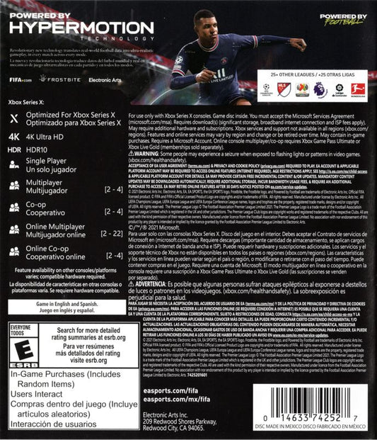 
FIFA 22 | Xbox Series | back cover | Region: North America | source-country=Mexico,United States | Data by MobyGames.com