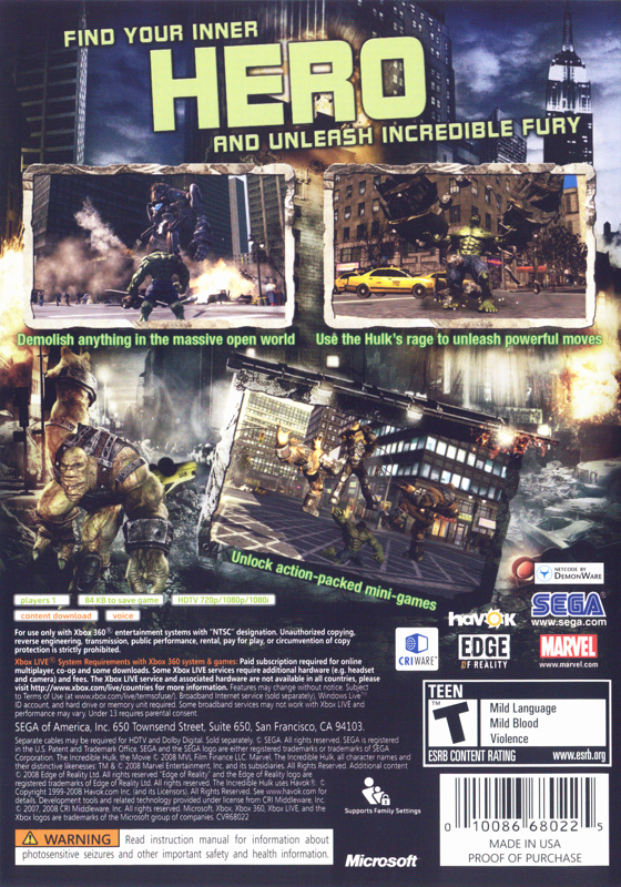 
The Incredible Hulk | Xbox 360 | back cover | Region: North America | source-country=United States | Data by MobyGames.com