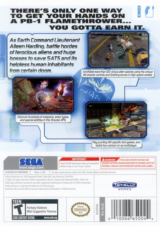 Alien Syndrome | Wii | back cover | region=North America | source-country=Canada,Mexico,Other,United States | zypher-v2 | moby-5f3f6f1b5305 | Data by MobyGames.com