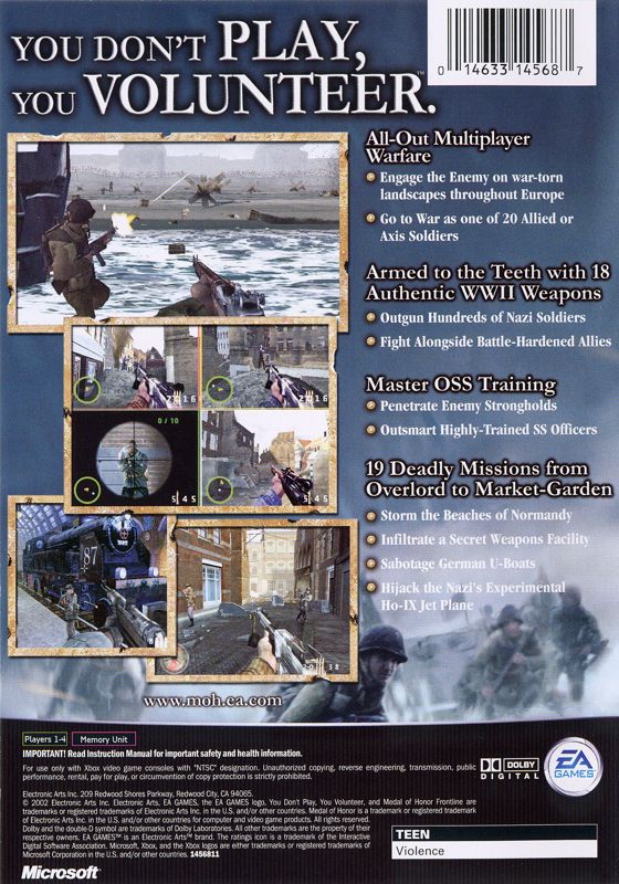 Medal of Honor: Frontline | Xbox | back cover | region=North America | source-country=Canada,United States | zypher-v2 | moby-ffa4ce6cd901 | Data by MobyGames.com