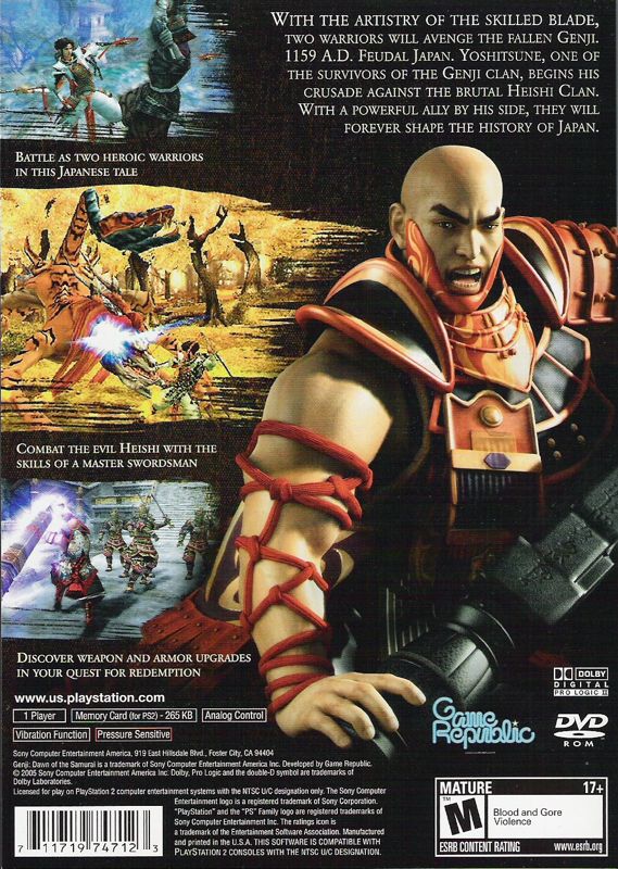 Genji: Dawn of the Samurai | PlayStation 2 | back cover | region=North America | source-country=United States | zypher-v2 | moby-2f0d7c9c9f46 | Data by MobyGames.com