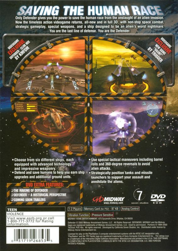 
Defender | PlayStation 2 | back cover | Region: North America | source-country=Canada,United States | Data by MobyGames.com