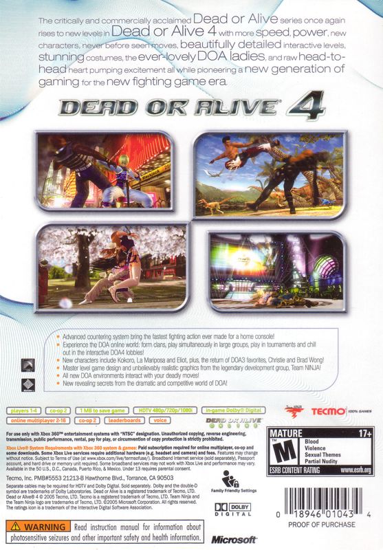 
Dead or Alive 4 | Xbox 360 | back cover | Region: North America | source-country=United States | Data by MobyGames.com