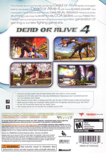 
Dead or Alive 4 | Xbox 360 | back cover | Region: North America | source-country=United States | Data by MobyGames.com