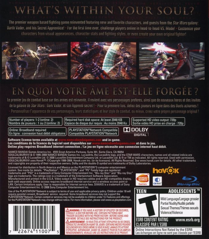 SoulCalibur IV | PlayStation 3 | back cover | region=North America | source-country=United States | zypher-v2 | moby-52041a77e3de | Data by MobyGames.com