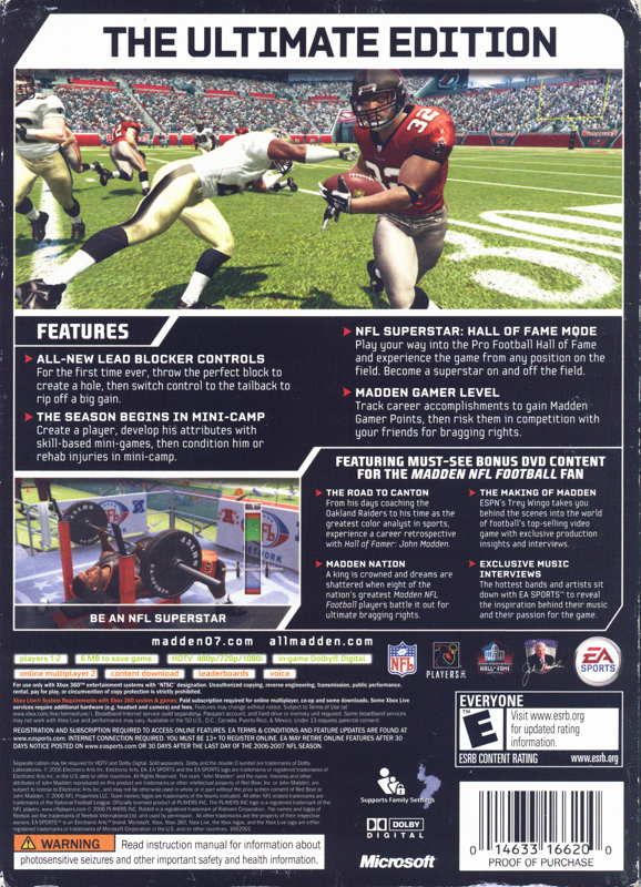 Madden NFL 07 (Hall of Fame Edition) | Xbox 360 | back cover | region=North America | source-country=Canada,Mexico,United States | zypher-v2 | moby-814bbd3cddce | Data by MobyGames.com