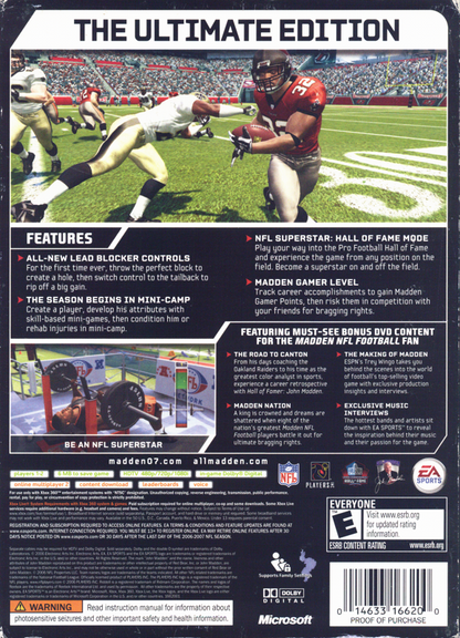 Madden NFL 07 (Hall of Fame Edition) | Xbox 360 | back cover | region=North America | source-country=Canada,Mexico,United States | zypher-v2 | moby-814bbd3cddce | Data by MobyGames.com