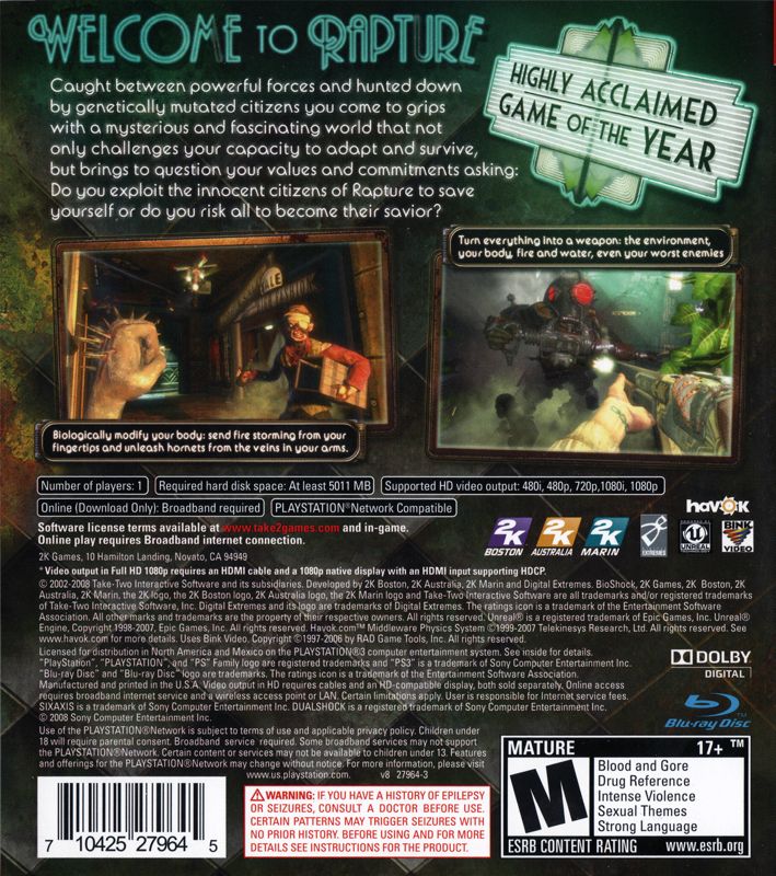 BioShock | PlayStation 3 | back cover | Region: North America | source-country=United States | Data by MobyGames.com