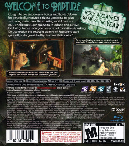 
BioShock | PlayStation 3 | back cover | Region: North America | source-country=United States | Data by MobyGames.com