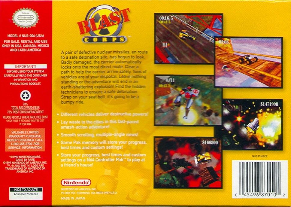 
Blast Corps | Nintendo 64 | back cover | Data by MobyGames.com