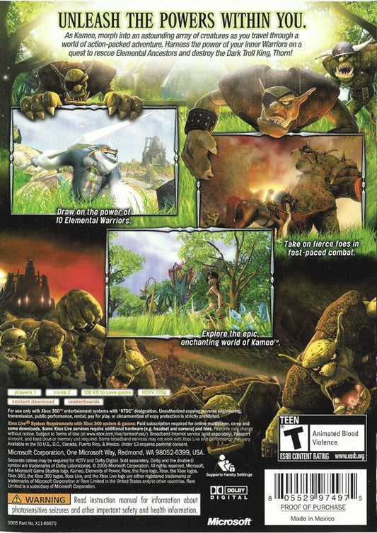 Kameo: Elements of Power | Xbox 360 | back cover | region=North America | source-country=United States | zypher-v2 | moby-0c0eb2370b70 | Data by MobyGames.com
