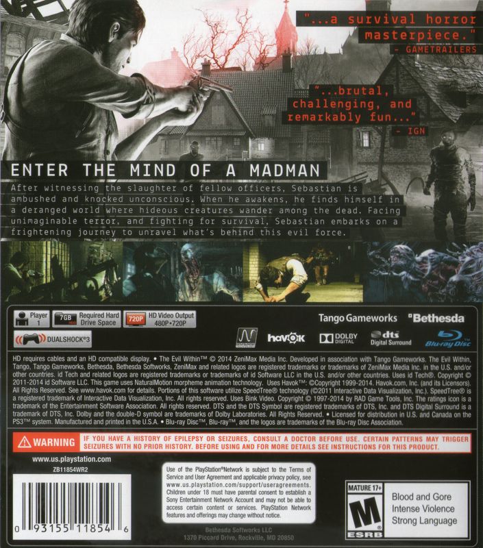 The Evil Within | PlayStation 3 | back cover | region=North America | source-country=United States | zypher-v2 | moby-5c093494d6a5 | Data by MobyGames.com