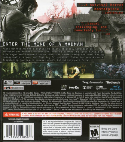 The Evil Within | PlayStation 3 | back cover | region=North America | source-country=United States | zypher-v2 | moby-5c093494d6a5 | Data by MobyGames.com