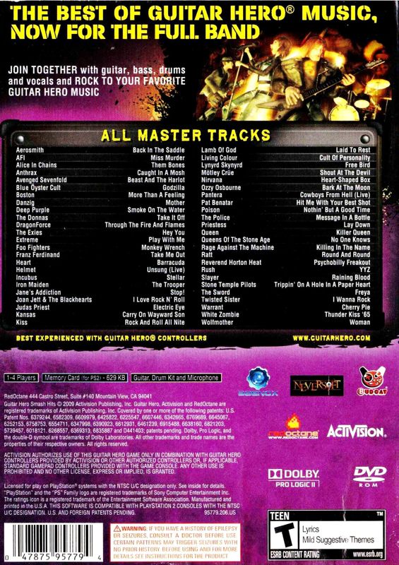 
Guitar Hero: Smash Hits | PlayStation 2 | back cover | Data by MobyGames.com