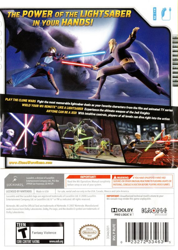 Star Wars: The Clone Wars - Lightsaber Duels | Wii | back cover | region=North America | source-country=United States | zypher-v2 | moby-3af0e6bf8dab | Data by MobyGames.com