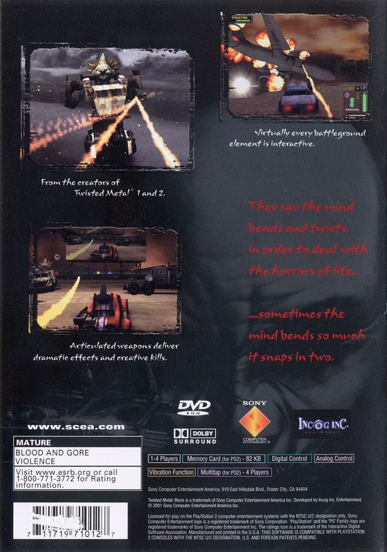 Twisted Metal: Black | PlayStation 2 | back cover | Region: North America | source-country=Canada,United States | Data by MobyGames.com