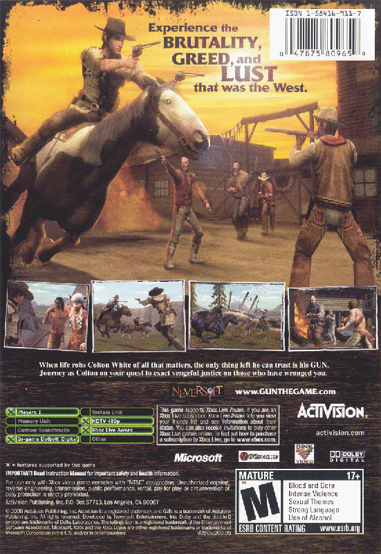 
Gun | Xbox | back cover | Region: North America | source-country=Canada,Mexico,United States | Data by MobyGames.com