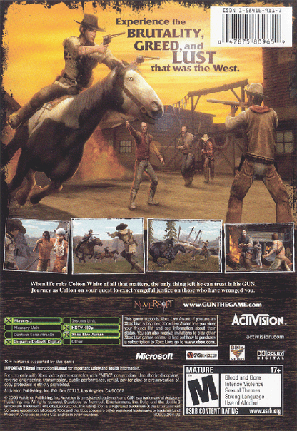 
Gun | Xbox | back cover | Region: North America | source-country=Canada,Mexico,United States | Data by MobyGames.com