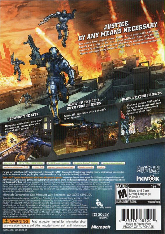 Crackdown 2 | Xbox 360 | back cover | region=North America | source-country=United States | zypher-v2 | moby-7b1b2e801683 | Data by MobyGames.com