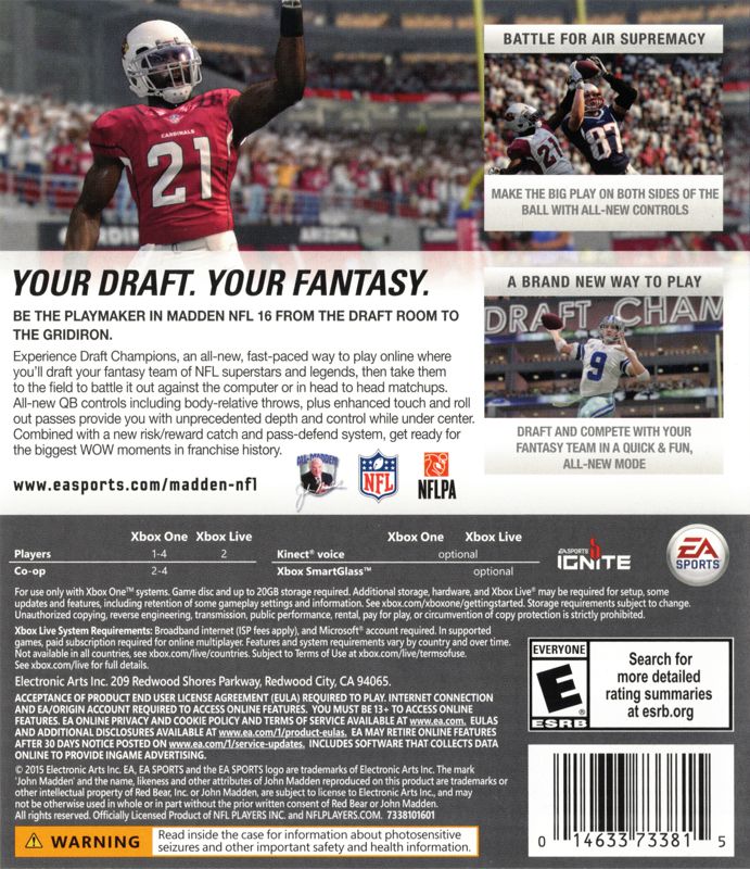 
Madden NFL 16 | Xbox One | back cover | Region: North America | source-country=United States | Data by MobyGames.com