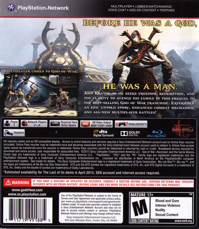
God of War: Ascension | PlayStation 3 | back cover | Data by MobyGames.com