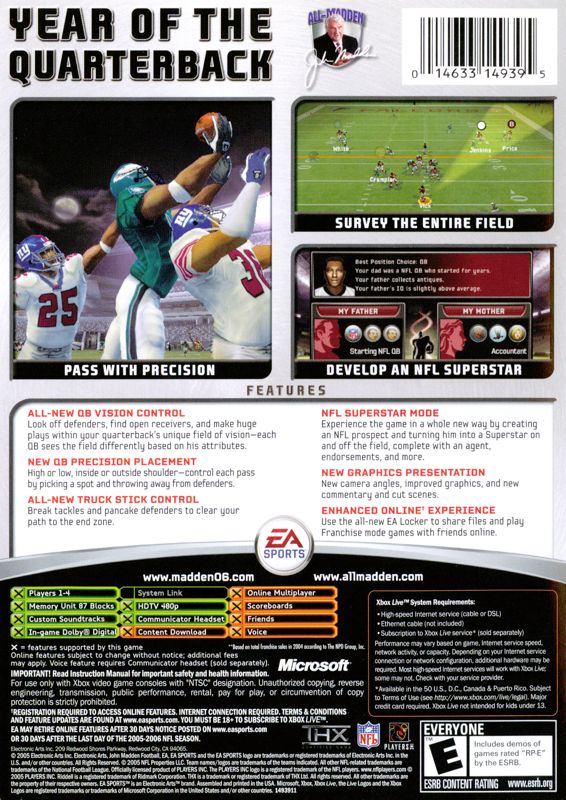 Madden NFL 06 | Xbox | back cover | region=North America | source-country=Canada,United States | zypher-v2 | moby-a3bafeab5059 | Data by MobyGames.com