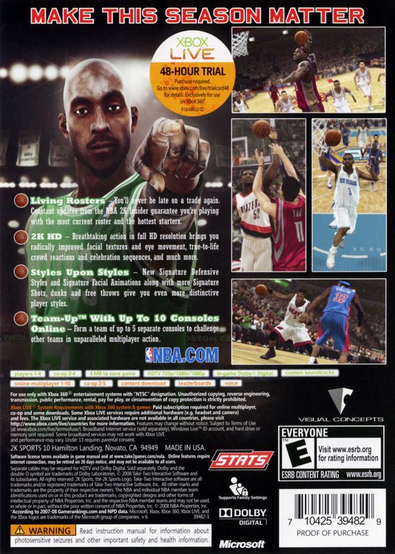 NBA 2K9 | Xbox 360 | back cover | region=North America | source-country=United States | zypher-v2 | moby-68964c029d07 | Data by MobyGames.com