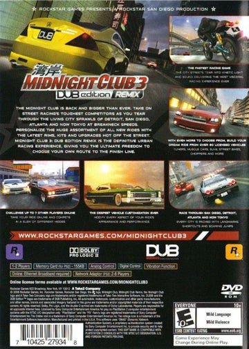 
Midnight Club 3: DUB Edition Remix | PlayStation 2 | back cover | Data by MobyGames.com