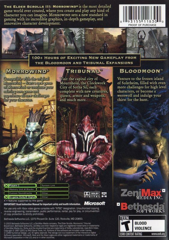 The Elder Scrolls III: Morrowind - Game of the Year Edition | Xbox | back cover | region=North America | source-country=United States | zypher-v2 | moby-6d13547e241d | Data by MobyGames.com