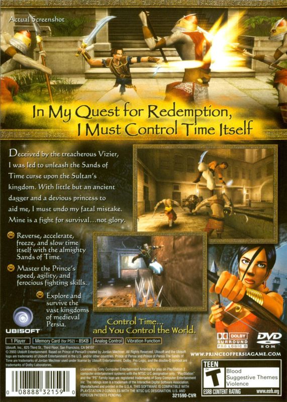 Prince of Persia: The Sands of Time | PlayStation 2 | back cover | region=North America | source-country=United States | zypher-v2 | moby-9c1effdec139 | Data by MobyGames.com