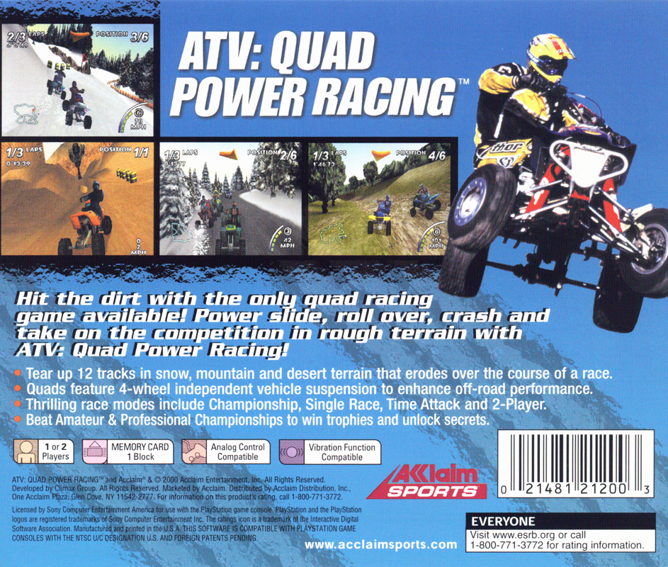 
ATV: Quad Power Racing | PlayStation | back cover | Region: North America | source-country=United States | Data by MobyGames.com