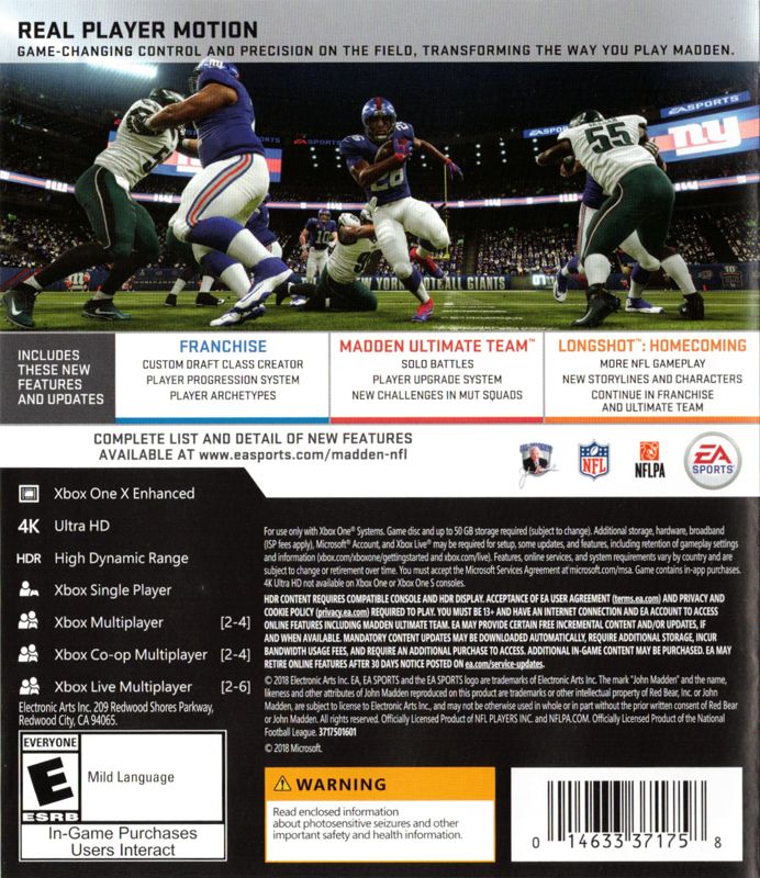 Madden NFL 19 | Xbox One | back cover | region=North America | source-country=United States | zypher-v2 | moby-b0d15794307b | Data by MobyGames.com