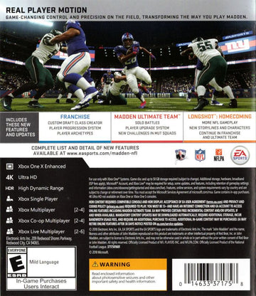Madden NFL 19 | Xbox One | back cover | region=North America | source-country=United States | zypher-v2 | moby-b0d15794307b | Data by MobyGames.com